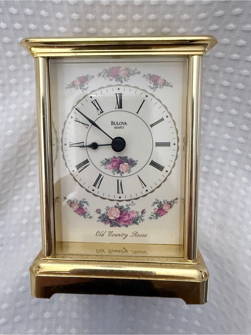 Vintage Bulova Old Country Roses Carriage Clock Brass Quartz Desk Mantel Clock